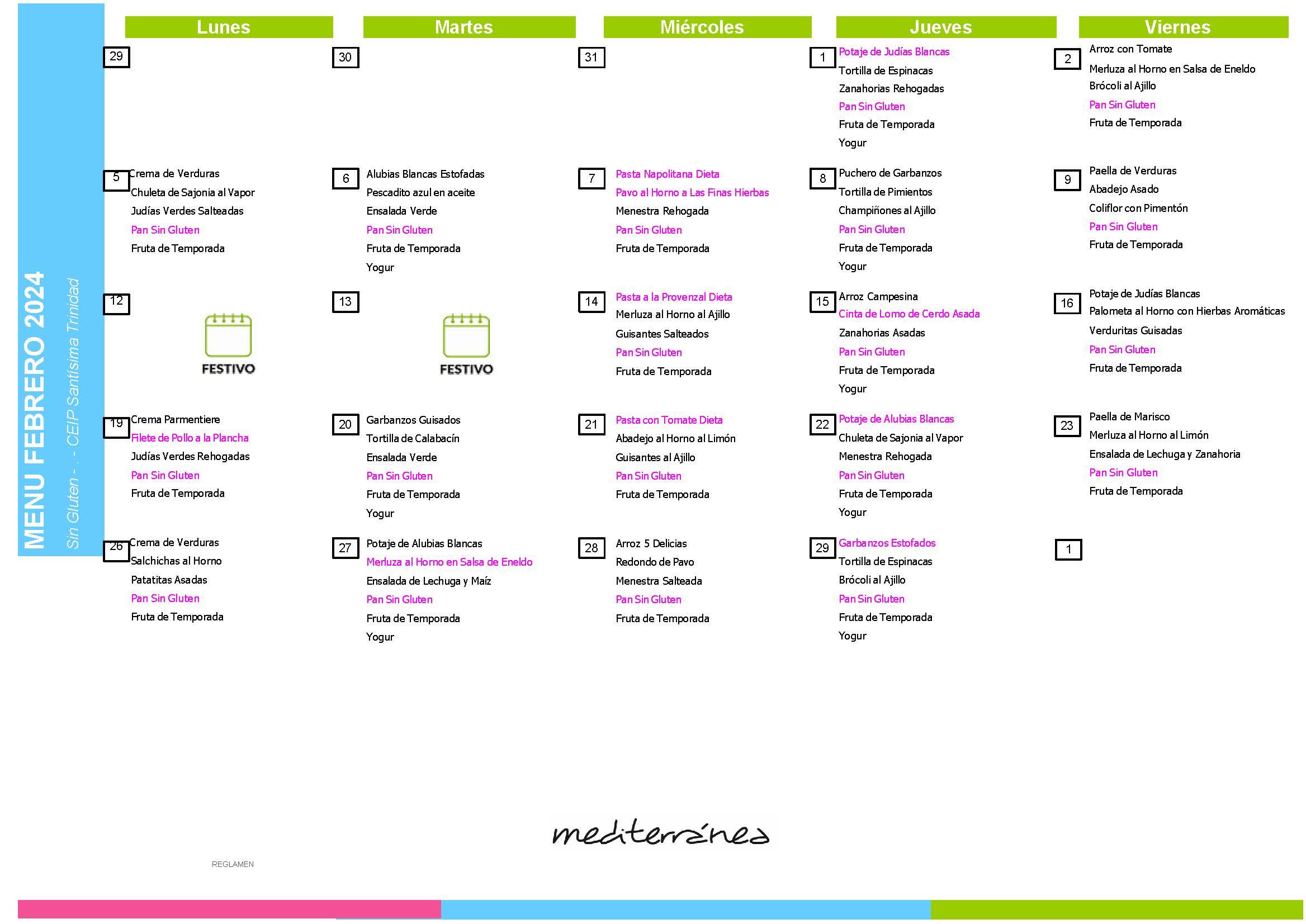 menu dietas febrero 2024 Sin Gluten