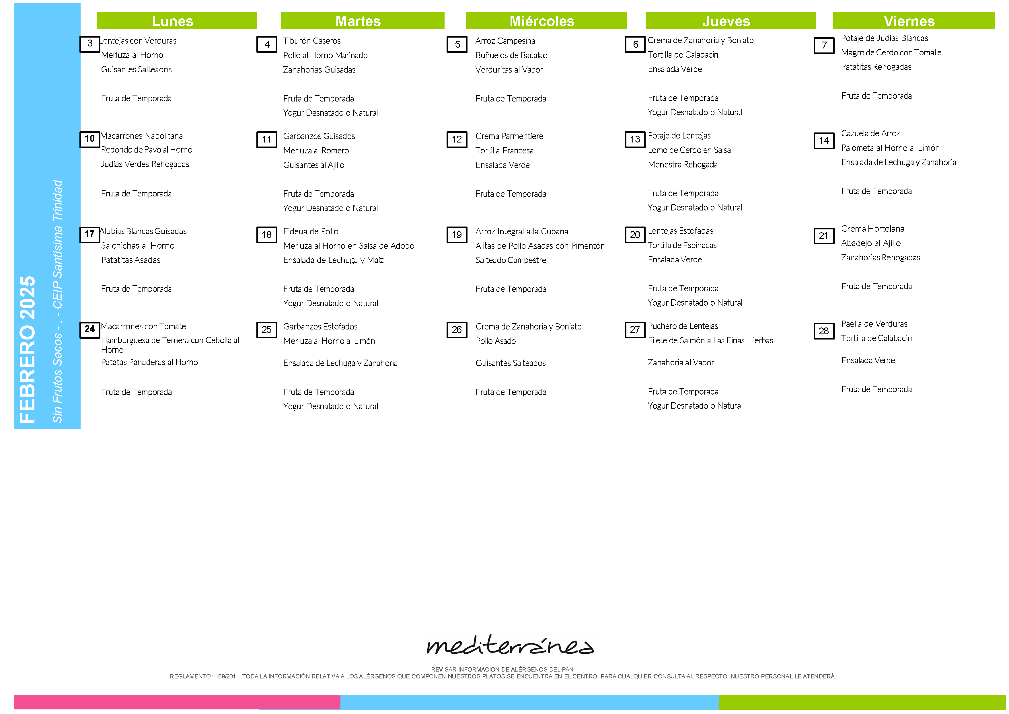 Menu febrero sin frutos secos